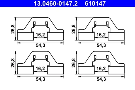 Монтажний набір гальмівних колодок CITROEN BERLINGO, BERLINGO MULTISPACE, BERLINGO/MINIVAN, C5 III PEUGEOT 308 I, 308 I/KOMBI, 407, 407/KOMBI, 607, PARTNER, PARTNER TEPEE 1.2-Electric 02.00- ATE 13046001472
