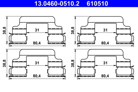 Монтажний набір гальмівних колодок передн PEUGEOT 407, SEAT CORDOBA, IBIZA III, SKODA FABIA I, FABIA I PRAKTIK, FABIA II, FABIA II PRAKTIK, ROOMSTER, ROOMSTER PRAKTIK, VW POLO IV 1.0-2.0D 12.95- ATE 13046005102