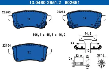 Комплект гальмівних колодок задн, NISSAN JUKE, RENAULT ARKANA I, CAPTUR II, ZOE 1.0-Electric 06.12- ATE 13046026512