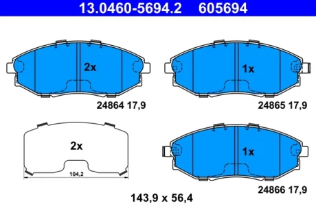 Комплект гальмівних колодок передн, CHEVROLET ASTRA, EPICA, ZAFIRA DAEWOO LEGANZA, NUBIRA, TOSCA 1.6-2.5 05.97- ATE 13046056942