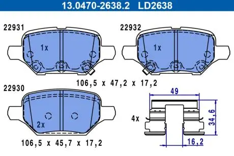 Керамічні гальмівні колодки задн, CHEVROLET TRAX, OPEL MOKKA / MOKKA X 1.4-1.8 06.12- ATE 13047026382