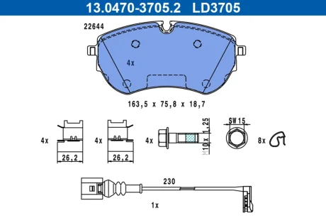 Керамічні гальмівні колодки передн, FORD TRANSIT CONNECT V408/MINIVAN VW MULTIVAN T7 1.4H-2.0D 03.16- ATE 13047037052