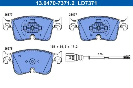Керамічні гальмівні колодки передн, AUDI A3, A3 ALLSTREET, CUPRA FORMENTOR, LEON, LEON SPORTSTOURER, SEAT LEON, LEON SPORTSTOURER, SKODA OCTAVIA IV, VW CADDY CALIFORNIA V CAMPER 1.0-2.0D 07.19- ATE 13047073712