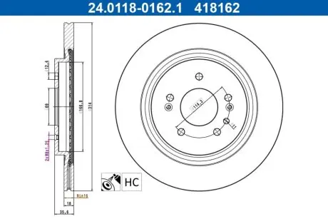 Диск гальмівний (задній) Hyundai Santa Fe 18-20 (314x18) (вентил.) (з покриттям) ATE 24.0118-0162.1