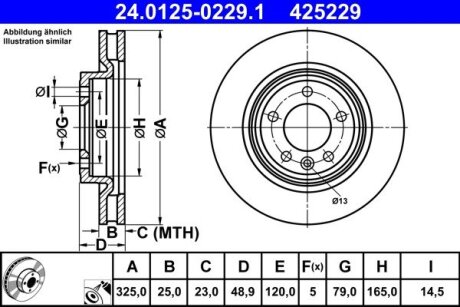 Диск гальмівний (задній) Land Rover Discovery V 16-/ Range Rover 12- (325x25) ATE 24.0125-0229.1