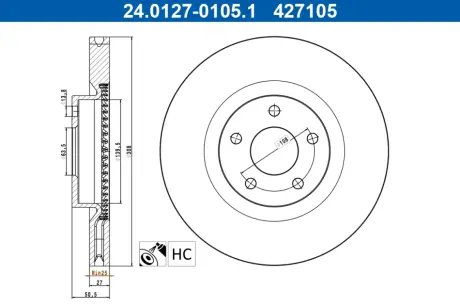 Диск гальмівний (передній) Ford Focus 1.0/1.5 EcoBoost/2.0 EcoBlue 18- (308x27) ATE 24012701051