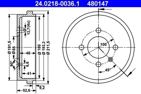 Тормозной барабан задний ATE 24021800361