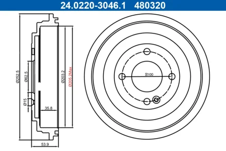 Гальмівний барабан задн HYUNDAI ACCENT IV, I20 ACTIVE, I20 II, SOLARIS, KIA RIO III 1.0-1.6D 11.10- ATE 24022030461