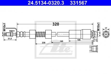 Шланг гальмівний (передній) Ford Tourneo Connect/Transit Connect 02-13 (L=370mm) M10x1/M10x1 ATE 24513403203 (фото 1)