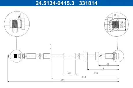 Гальмівний шланг гнучкий передн (довжина 475мм, M10x1/M10x1) FORD FOCUS III, KUGA II, TOURNEO CONNECT V408 NADWOZIE WIELKO, TRANSIT CONNECT, TRANSIT CONNECT V408/MINIVAN 1.0-2.5 07.10- ATE 24513404153