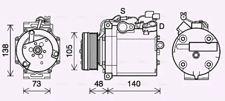 AVA MITSUBISHI Компресор кондиціонера GRANDIS 2.0 DI-D 05-, LANCER VIII 1.8, 2.0 07-OUTLANDER II 2.0 DI-D 07-, 2.4 06-, CITROEN, PEUGEOT AVA COOLING MTAK263