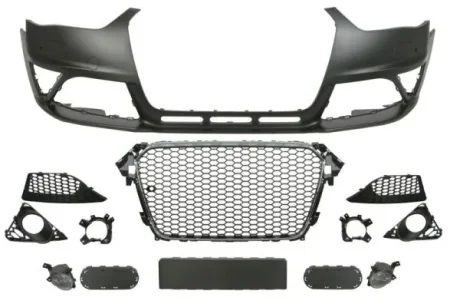 Бампер (передн, RS4 Type, з решіткою, з отвором для галогенних фар, з отворами для омивача фар, з отворами для парктроніка, хром/чорн) AUDI A4 B8 11.11-05.16 BLIC 5510000029901KP