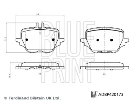 Комплект гальмівних колодок задн (з шумопоглинаючою пластиною), MERCEDES C T-MODEL (S206), C (W206), CLE (A236), CLE (C236), E ALL-TERRAIN (S214), E T-MODEL (S214), E (W214) 1.5H-4.0H 09.20- BLUE PRINT ADBP420173