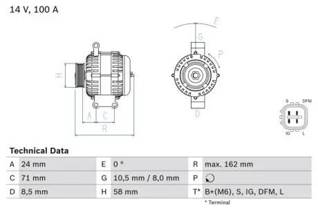 Генератор (14В, 100А, відновлений) TOYOTA AURIS, COROLLA 2.0D/2.2D 10.06-07.14 BOSCH 0986082080