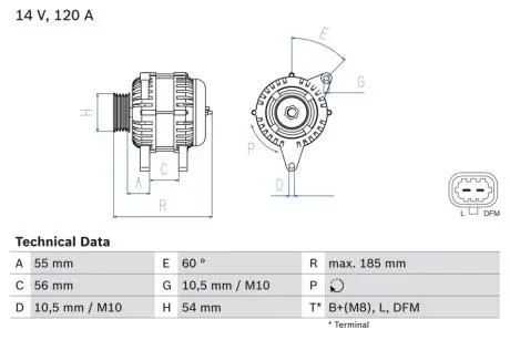 Генератор (14В, 120А, відновлений) OPEL CORSA D, INSIGNIA A, MERIVA B 1.4-1.8 07.08-03.17 BOSCH 0986082380