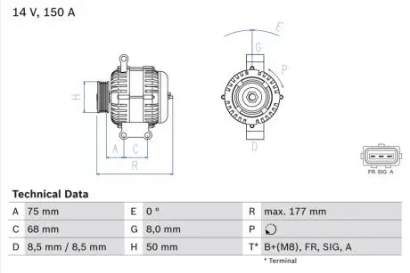 Генератор (14В, 150А, відновлений) VOLVO C30, S40 II, V50, FORD FOCUS II 1.8-2.0LPG 04.04-12.12 BOSCH 0986082590