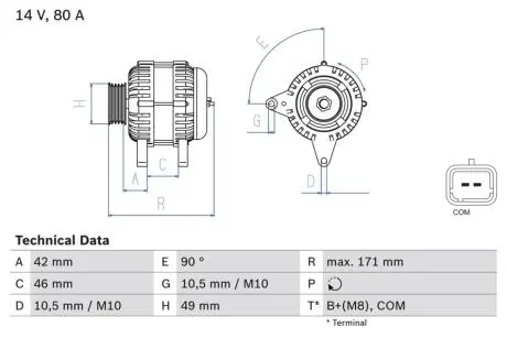 Генератор (14В, 80А, відновлений) CITROEN C2, C2 ENTERPRISE, C3 I, C3 II, C3 PLURIEL, PEUGEOT 207 1.1-1.4LPG 02.02- BOSCH 0986082740