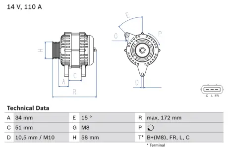 Генератор (14В, 110А, відновлений) HYUNDAI I30, IX35, KIA CEED, PRO CEED, SPORTAGE III, VENGA 1.4-1.6LPG 12.06-03.19 BOSCH 0986083520