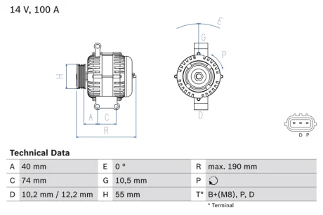 Генератор (14В, 100А, відновлений) MAZDA 6, MX-5 III 1.8-2.5 01.02-12.14 BOSCH 0986083570