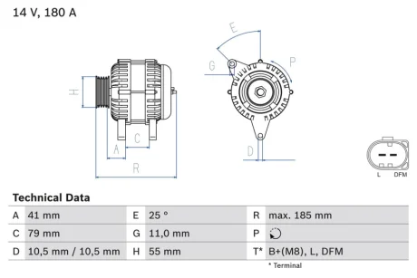 Генератор (14В, 180А, відновлений) FIAT DUCATO 2.3D 07.06- BOSCH 0986083940