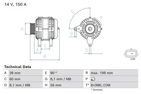Генератор (14В, 150А, відновлений) NISSAN PULSAR, QASHQAI II, RENAULT GRAND SCENIC IV, KADJAR, MEGANE IV, SCENIC IV, TALISMAN 1.2/1.5D/1.5DH 11.13- BOSCH 0986084070