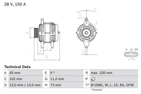 Генератор (28В, 150А) VOLVO FH, FH II, FH III, FM, FM II, FM III, FMX II, FMX III D11A-330-G13C460 09.05- BOSCH 0986084470