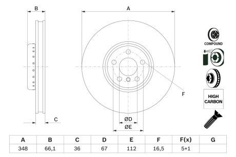 Диск гальмівний (передній) BMW 5 (G30/F90)/7 (G11/G12) 15- (348x36) (L) BOSCH 0 986 479 F58