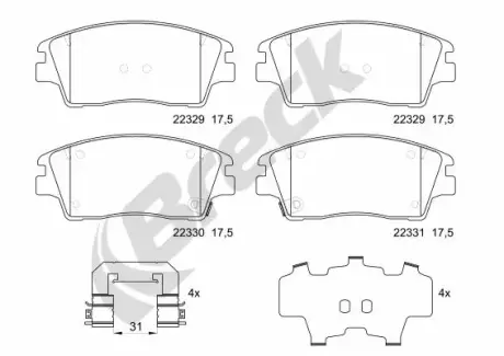 Комплект гальмівних колодок передн, HYUNDAI ELANTRA VI, KONA, TUCSON, TUCSON/SUV, KIA SPORTAGE IV 1.6-2.4 06.15-05.23 BRECK 223290070100