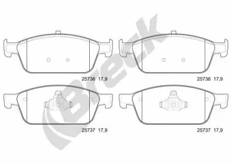 Комплект гальмівних колодок передн, FORD FOCUS III, KUGA II, TOURNEO CONNECT V408 NADWOZIE WIELKO, TRANSIT CONNECT, TRANSIT CONNECT V408/MINIVAN 1.0-2.0D 07.12- BRECK 257360070100