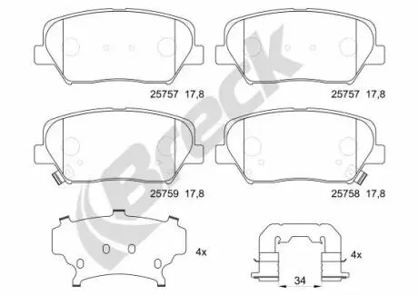Комплект гальмівних колодок передн, HYUNDAI CRETA, ELANTRA V, GENESIS, GRANDEUR, NEXO, VELOSTER, KIA CARENS IV, CEED, PRO CEED, SORENTO II/SUV 1.0-Electric 06.09- BRECK 257570070100