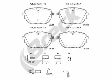 Комплект гальмівних колодок передн, VW CALIFORNIA T6 CAMPER, MULTIVAN T6, TRANSPORTER T6, TRANSPORTER T6 / CARAVELLE T6 2.0/2.0D/Electric 04.15-08.24 BRECK 262680070300