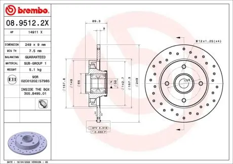 Диск тормозной (задний) Citroen C3/C4/Peugeot 207/307 05-(248.4х9) (d=30mm) (с подшипником) BREMBO 0895122X