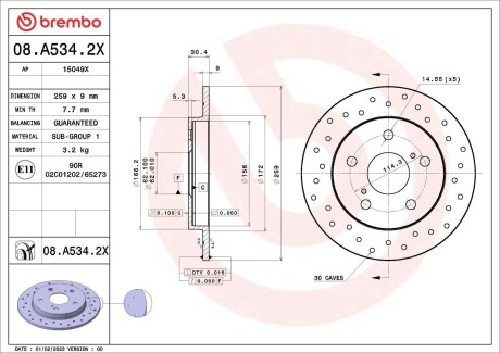 Диск тормозной (задний) Toyota Auris/ Corolla 06- (259x9) PRO BREMBO 08A5342X