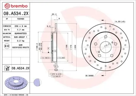 Диск тормозной (задний) Toyota Auris/ Corolla 06- (259x9) PRO BREMBO 08A5342X
