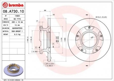 Тормозной диск BREMBO 08A73010 (фото 1)