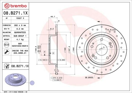 Диск гальмівний (задній) Honda Accord 18-/Hr-V 14- (282x9) PRO BREMBO 08B2711X (фото 1)