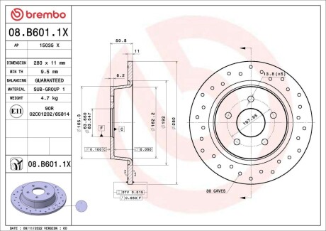 Диск тормозной (задний) Ford C-Max 10-/Kuga/Transit Connect 13- (280x11) PRO BREMBO 08B6011X (фото 1)