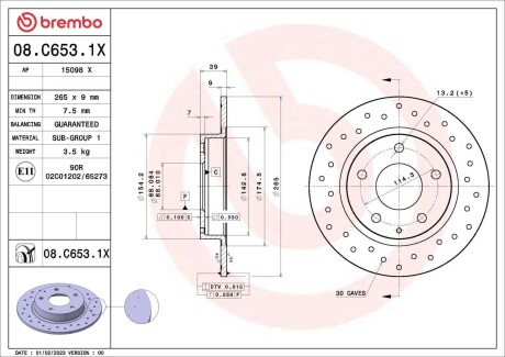 Диск тормозной (задний) Mazda 3 13-/CX-3 15- (265x9) PRO BREMBO 08C6531X