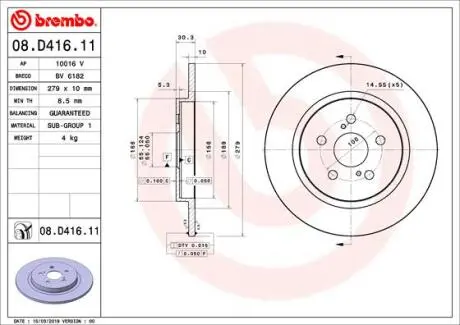 Диск гальмівний задн Лів/Прав LEXUS CT, TOYOTA URBAN CRUISER 1.4D/1.8H 01.09- BREMBO 08D41611