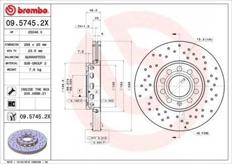 Тормозные диски BREMBO 0957452X (фото 1)