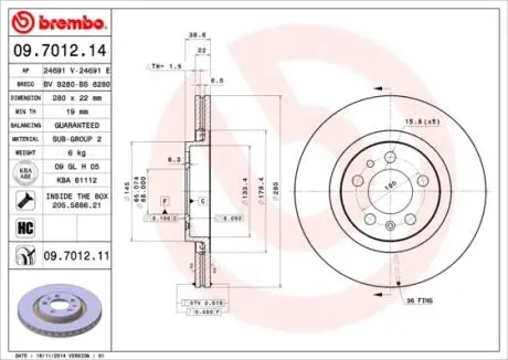 Тормозной диск BREMBO 09701214