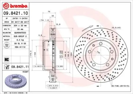 Диск гальмівний передн Прав PORSCHE 911, 911 TARGA 3.6/3.8 10.93-09.97 BREMBO 09842111