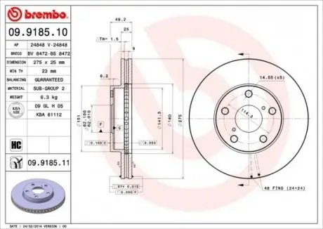 Тормозной диск BREMBO 09.9185.10