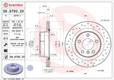 Диск тормозной (задний) BMW 1 (E81/E87)/3 (E90/E91/E92) 05-13 (300x20) BREMBO 0997932X