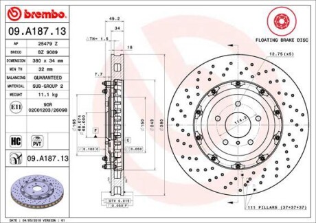 Диск гальмівний NISSAN GT-R 3.8 V6 -10/11 /perforowana,2-elementowa/ BREMBO 09A18713 (фото 1)