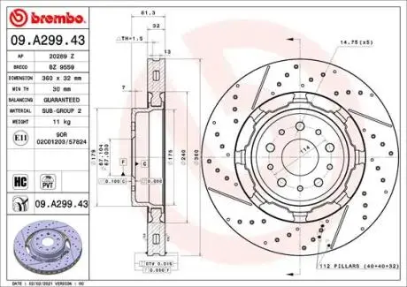 Двочастинний гальмівний диск передн Лів/Прав MASERATI GRAN TURISMO I, GRANCABRIO 4.7 08.08- BREMBO 09A29943
