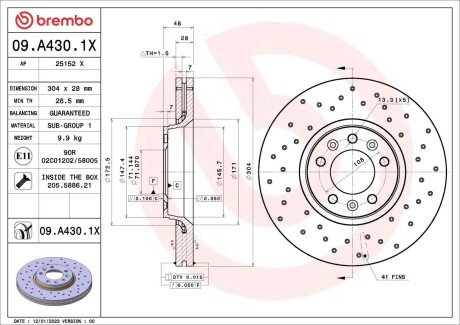 Диск гальмівний (передній) Fiat Scudo 07- (304x28) BREMBO 09A4301X