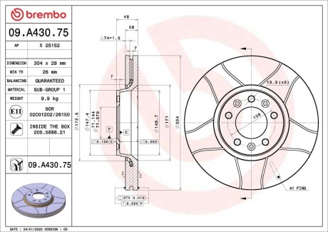 Диск тормозной (передний) Fiat Scudo 07- (304x28) BREMBO 09A43075 (фото 1)