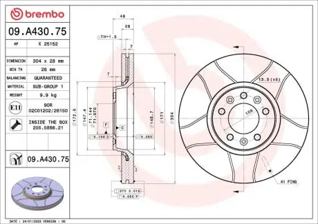 Диск тормозной (передний) Fiat Scudo 07- (304x28) BREMBO 09A43075