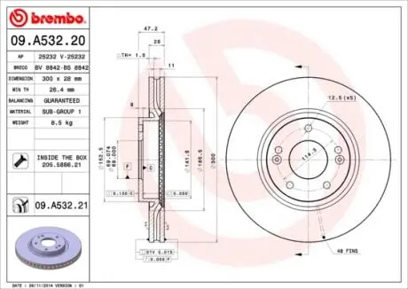 Диск тормозной i30 CEED 12- 16. BREMBO 09A53221